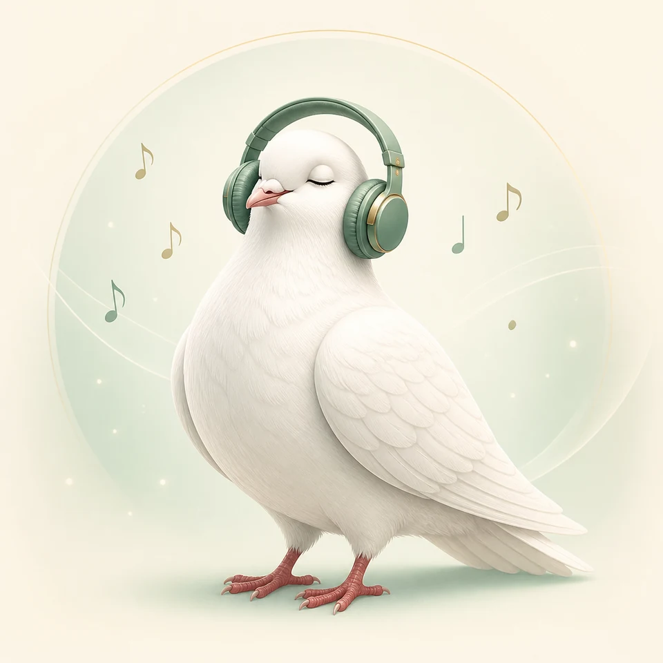 A white dove listening to music